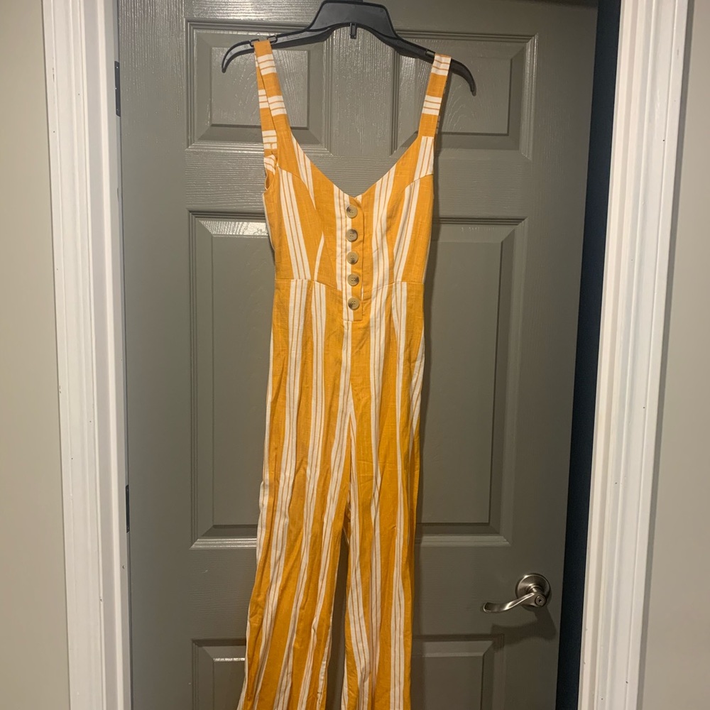 Mustard yellow with white strips Capri jumpsuit.